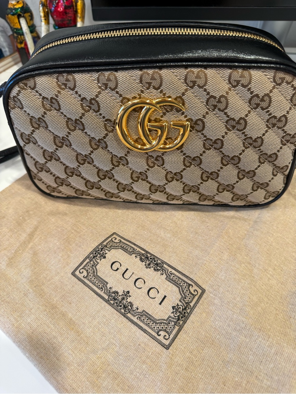 Gucci Beige/Brown GG Supreme Crossbody with Black Trim and Gold Double G